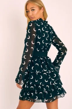 Rebellious Fashion Black Moon Print High Neck Smock Dress - Lella
