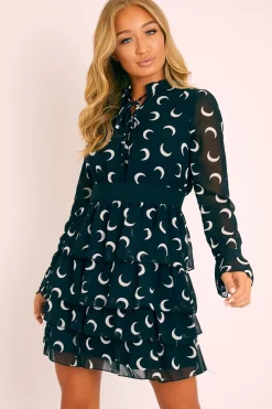 Rebellious Fashion Black Moon Print High Neck Smock Dress - Lella