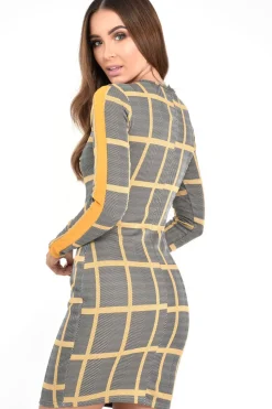 Rebellious Fashion Black Mustard Check Long Sleeve Bodycon Dress - Jasmine