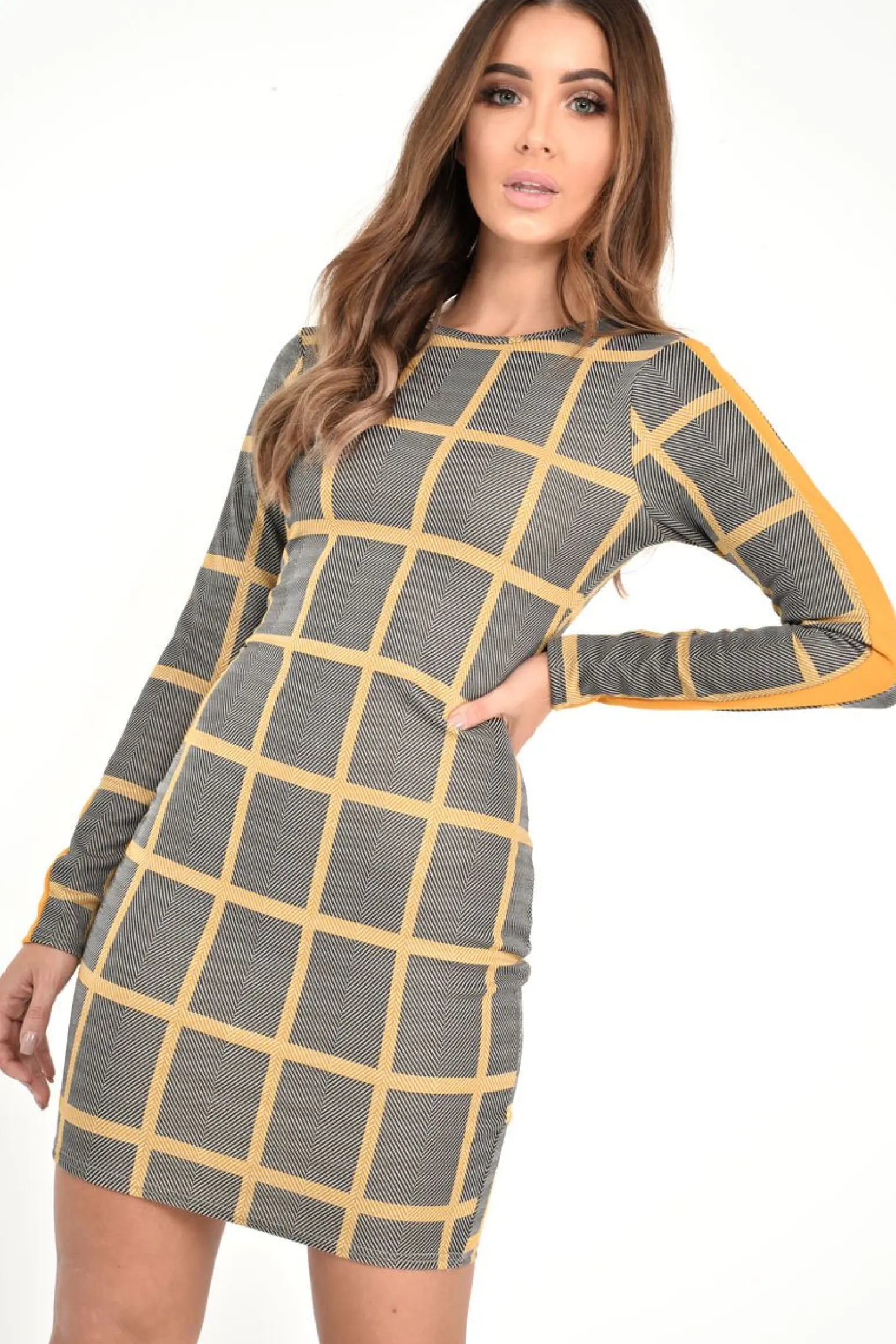 Rebellious Fashion Black Mustard Check Long Sleeve Bodycon Dress - Jasmine