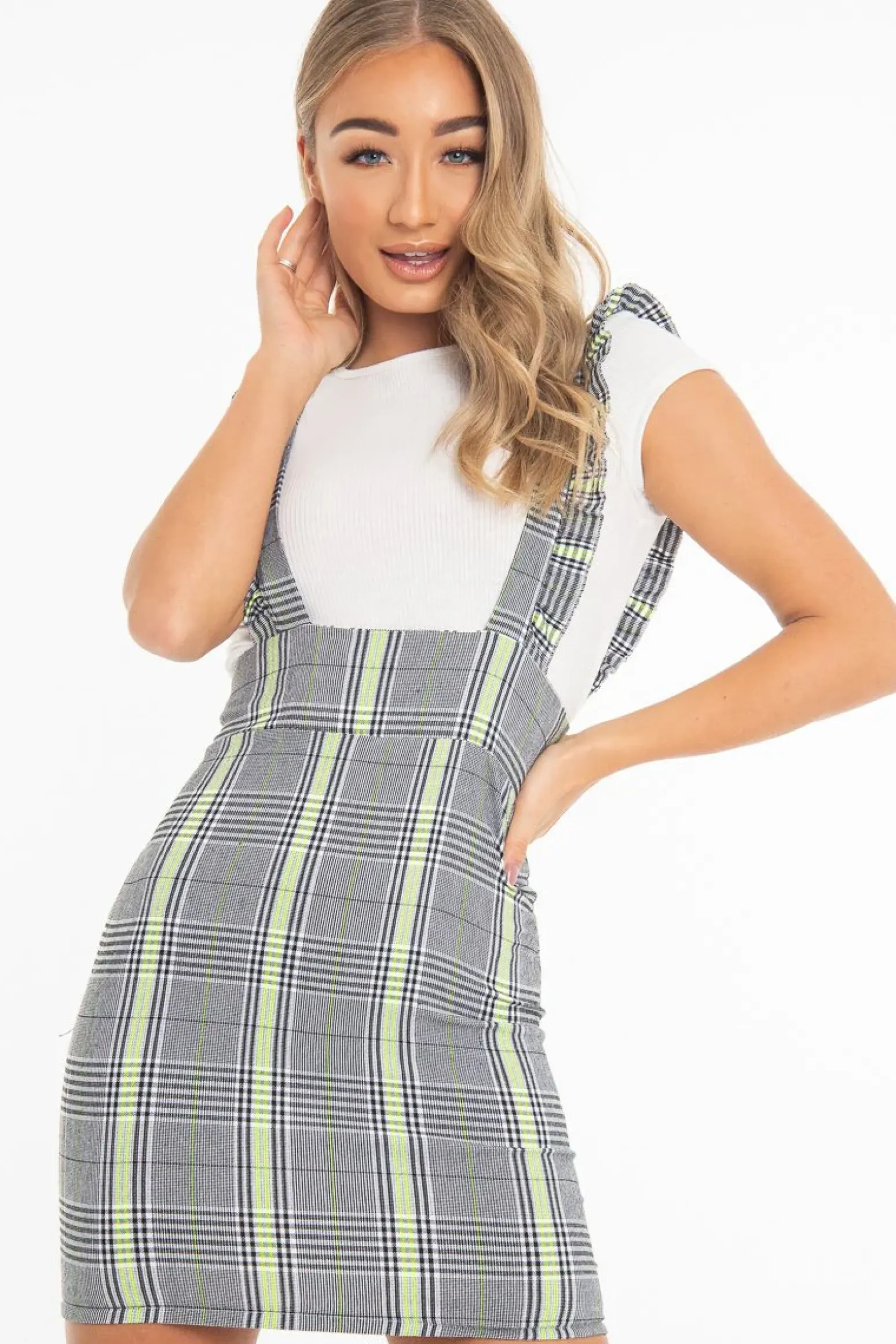 Rebellious Fashion Black Neon Green Check Ruffle T-Shirt Underlay Dress - Stacy