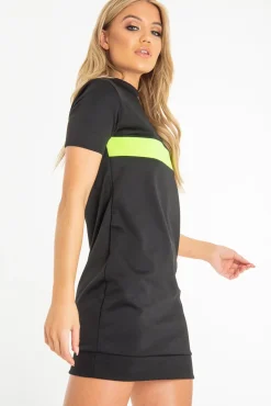 Rebellious Fashion Black Neon Green Stripe Detail T-Shirt Dress - Crystal