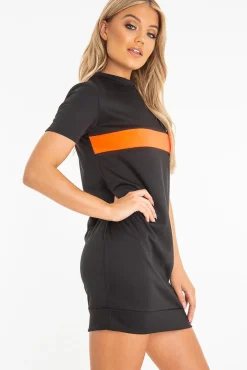 Rebellious Fashion Black Neon Orange Stripe Detail T-Shirt Dress - Crystal