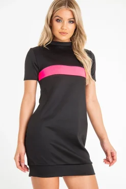 Rebellious Fashion Black Neon Pink Stripe Detail T-Shirt Dress - Crystal