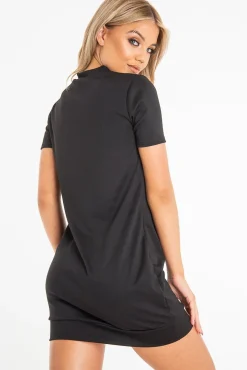 Rebellious Fashion Black Neon Pink Stripe Detail T-Shirt Dress - Crystal