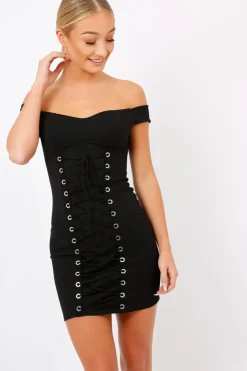 Rebellious Fashion Black Off Shoulder Centre Eyelet Dress - Callie