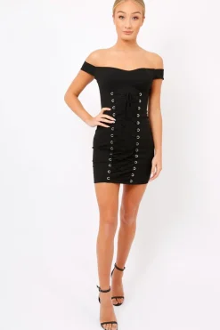 Rebellious Fashion Black Off Shoulder Centre Eyelet Dress - Callie