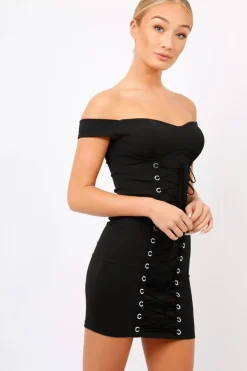 Rebellious Fashion Black Off Shoulder Centre Eyelet Dress - Callie