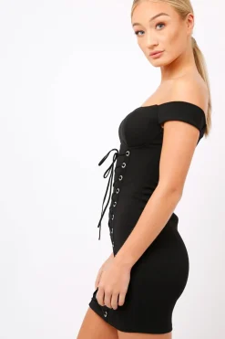 Rebellious Fashion Black Off Shoulder Centre Eyelet Dress - Callie
