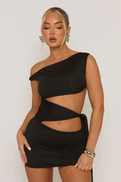 Rebellious Fashion Black Off Shoulder Tie Side Mini Dress - Teresa