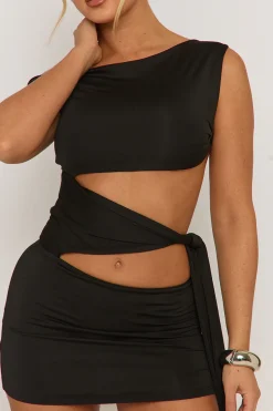 Rebellious Fashion Black Off Shoulder Tie Side Mini Dress - Teresa