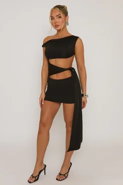 Rebellious Fashion Black Off Shoulder Tie Side Mini Dress - Teresa