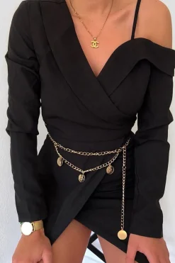 Rebellious Fashion Black Off The Shoulder Blazer Dress - Halia