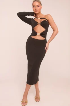 Rebellious Fashion Black One Shoulder Cut Out Metal Trim Midi Dress - Mavis