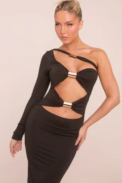 Rebellious Fashion Black One Shoulder Cut Out Metal Trim Midi Dress - Mavis
