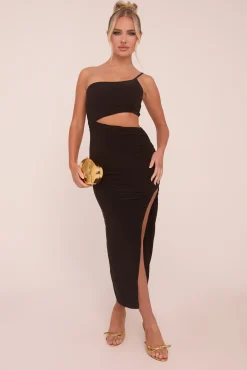 Rebellious Fashion Black One Shoulder Cut Out Midi Dress - Antonia