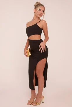 Rebellious Fashion Black One Shoulder Cut Out Midi Dress - Antonia