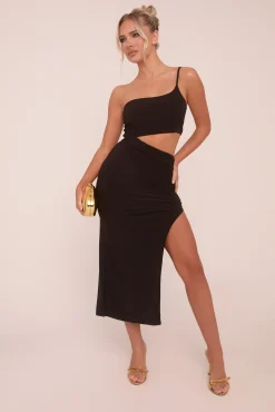 Rebellious Fashion Black One Shoulder Cut Out Midi Dress - Antonia