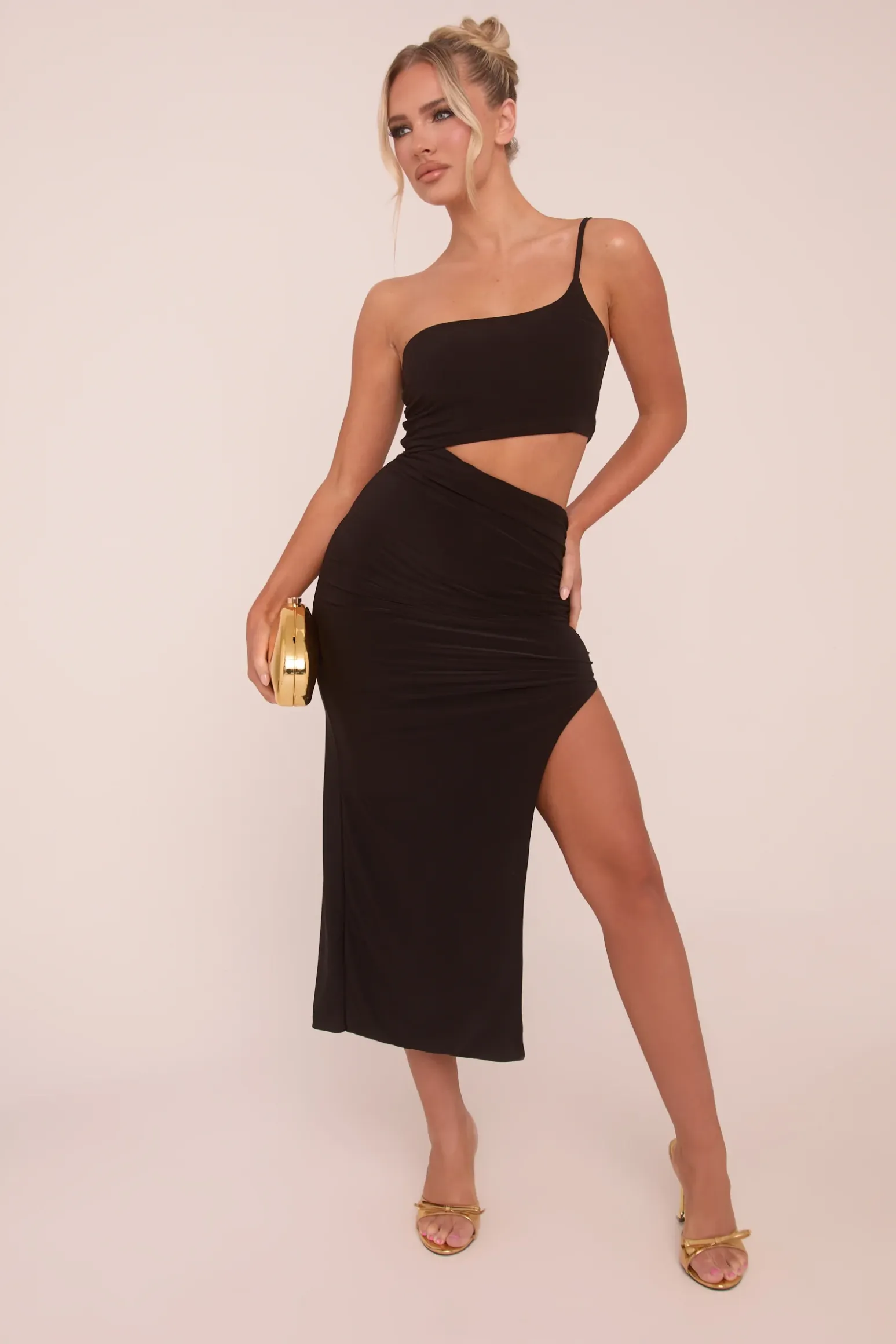 Rebellious Fashion Black One Shoulder Cut Out Midi Dress - Antonia