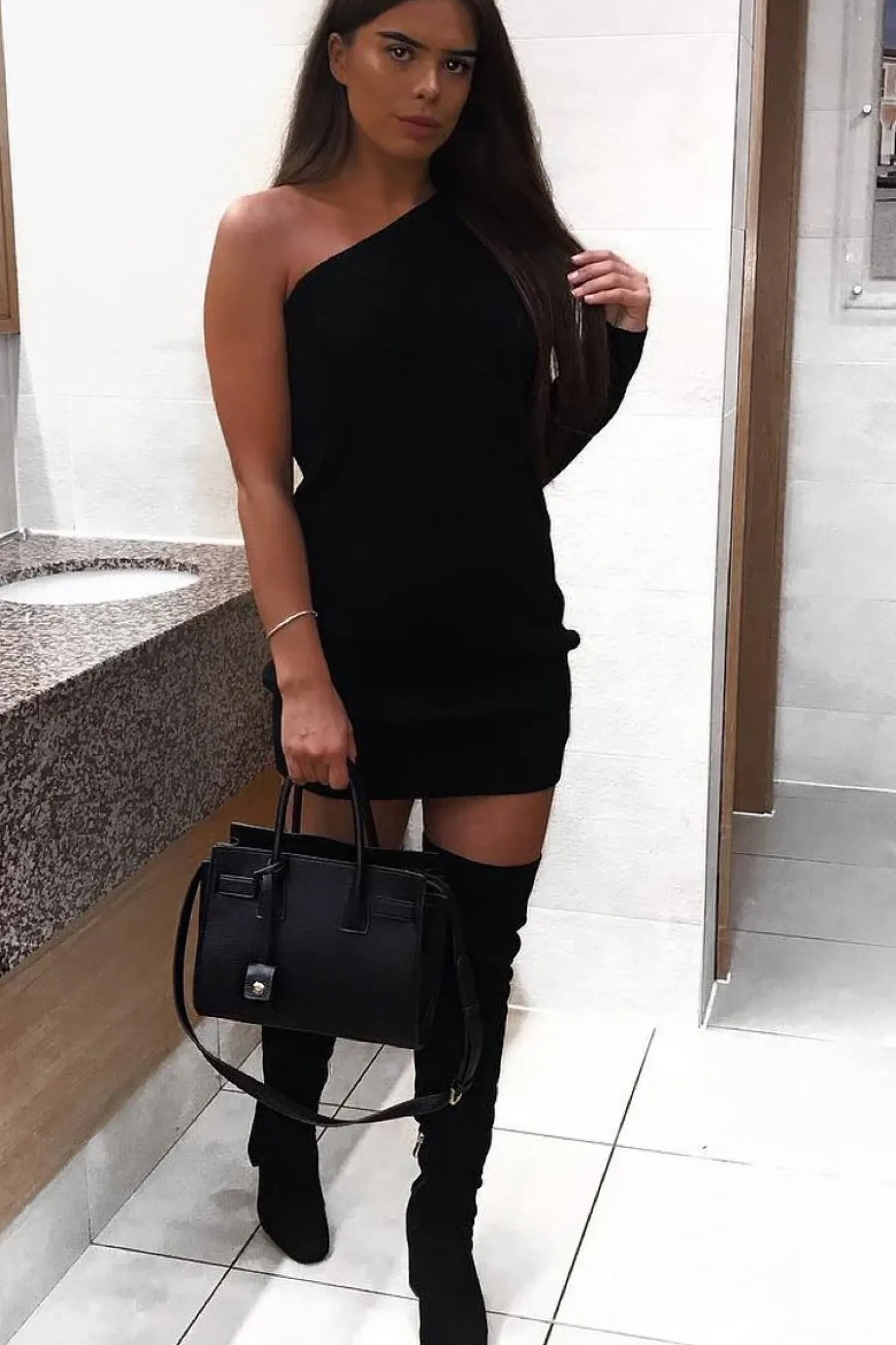 Rebellious Fashion Black One Shoulder Jumper Dress - Liseth