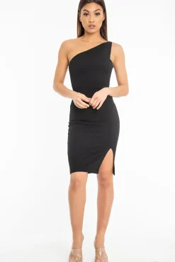 Rebellious Fashion Black One Shoulder Midi Dress - Merlie