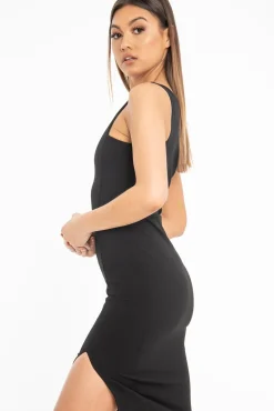 Rebellious Fashion Black One Shoulder Midi Dress - Merlie