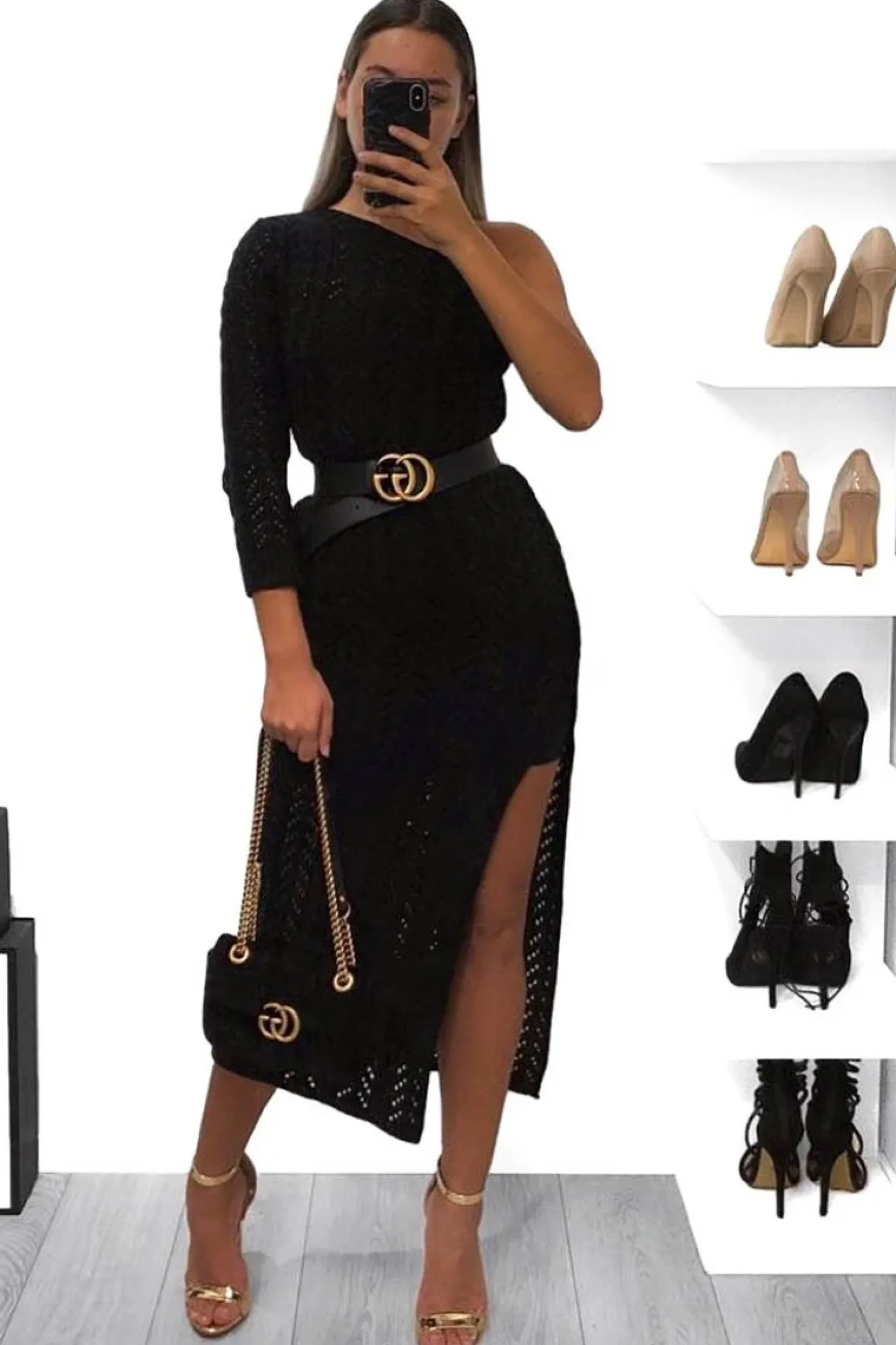 Rebellious Fashion Black One Shoulder Open Knit Maxi Dress - Dierra