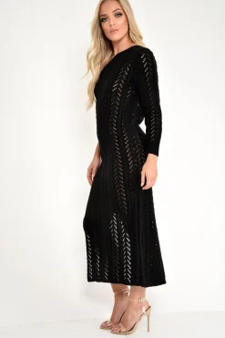 Rebellious Fashion Black One Shoulder Open Knit Maxi Dress - Dierra