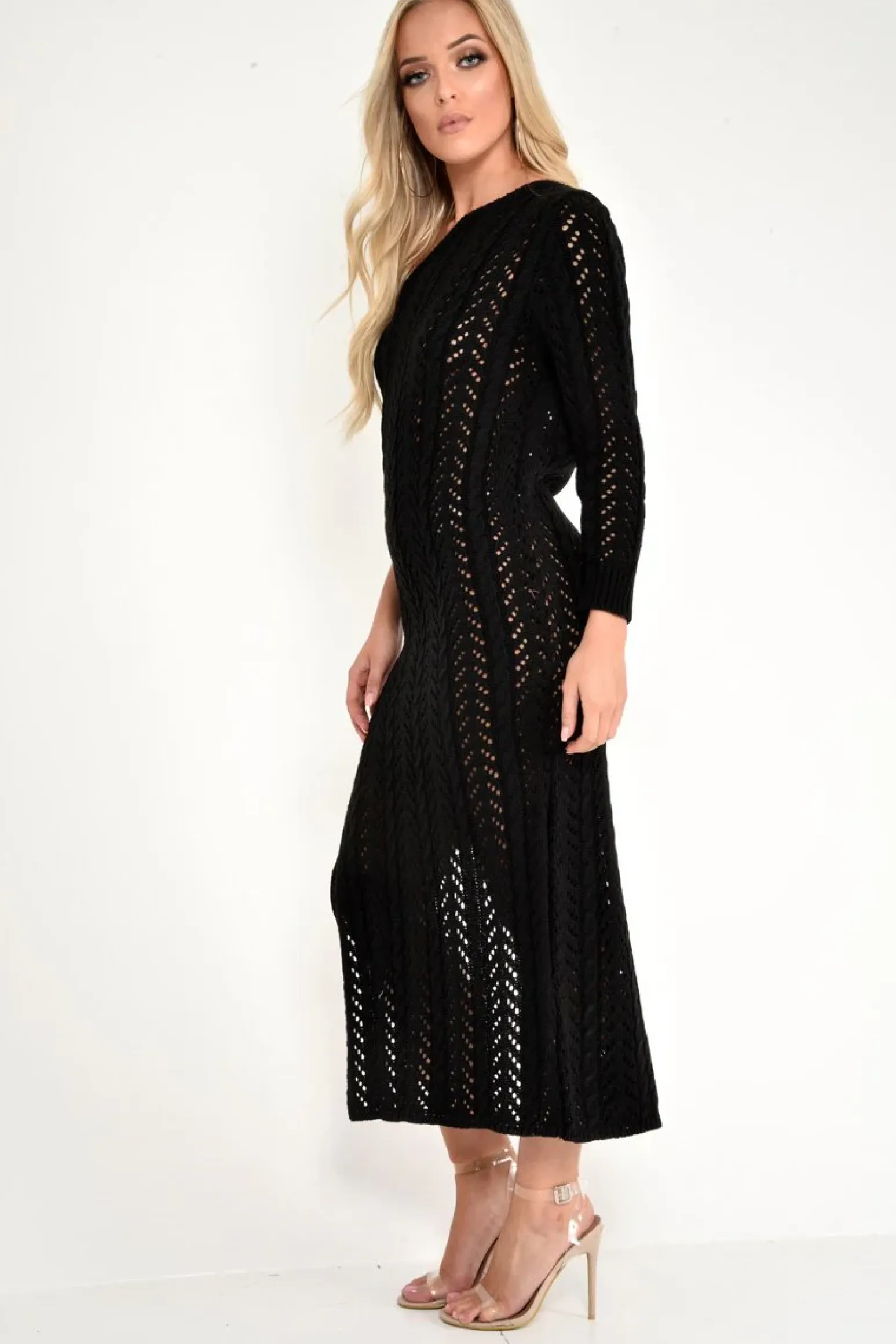 Rebellious Fashion Black One Shoulder Open Knit Maxi Dress - Dierra