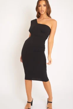 Rebellious Fashion Black One Shouldered Wrap Front Midi Dress - Kirtsy