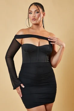 Rebellious Fashion Black One Sleeve Corset Detail Mini Dress - Camila
