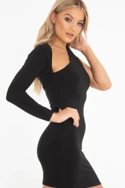 Rebellious Fashion Black One Sleeve Slit Detail Slinky Mini Bodycon Dress - Bronwyn