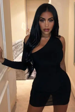 Rebellious Fashion Black One Sleeve Slit Detail Slinky Mini Bodycon Dress - Bronwyn