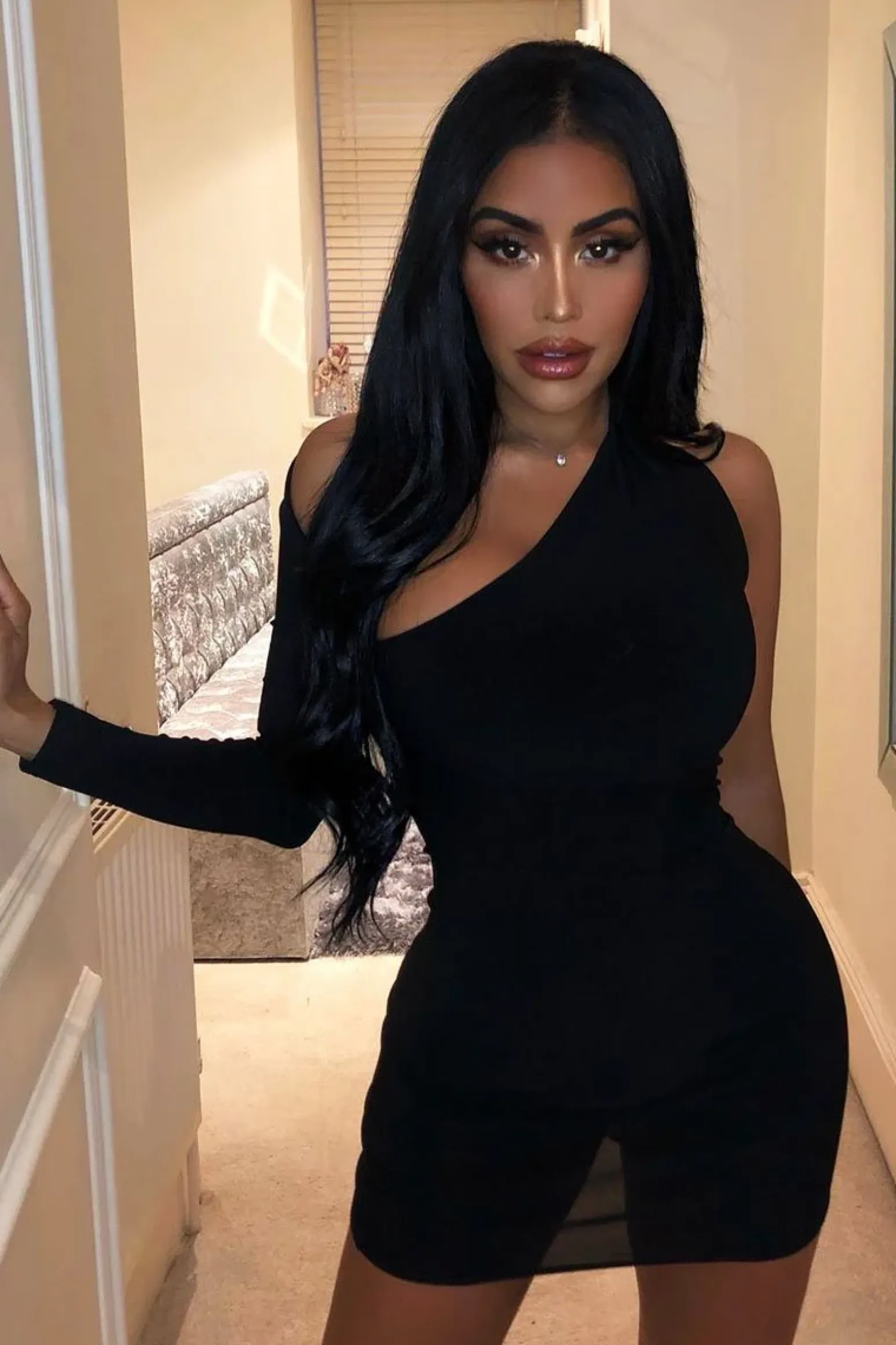 Rebellious Fashion Black One Sleeve Slit Detail Slinky Mini Bodycon Dress - Bronwyn