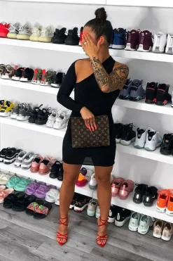 Rebellious Fashion Black One Sleeve Slit Detail Slinky Mini Bodycon Dress - Bronwyn