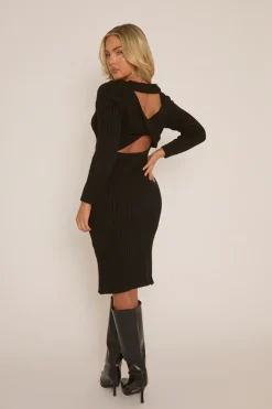 Rebellious Fashion Black Open Twist Back Midi Bodycon Jumper Dress - Karrah