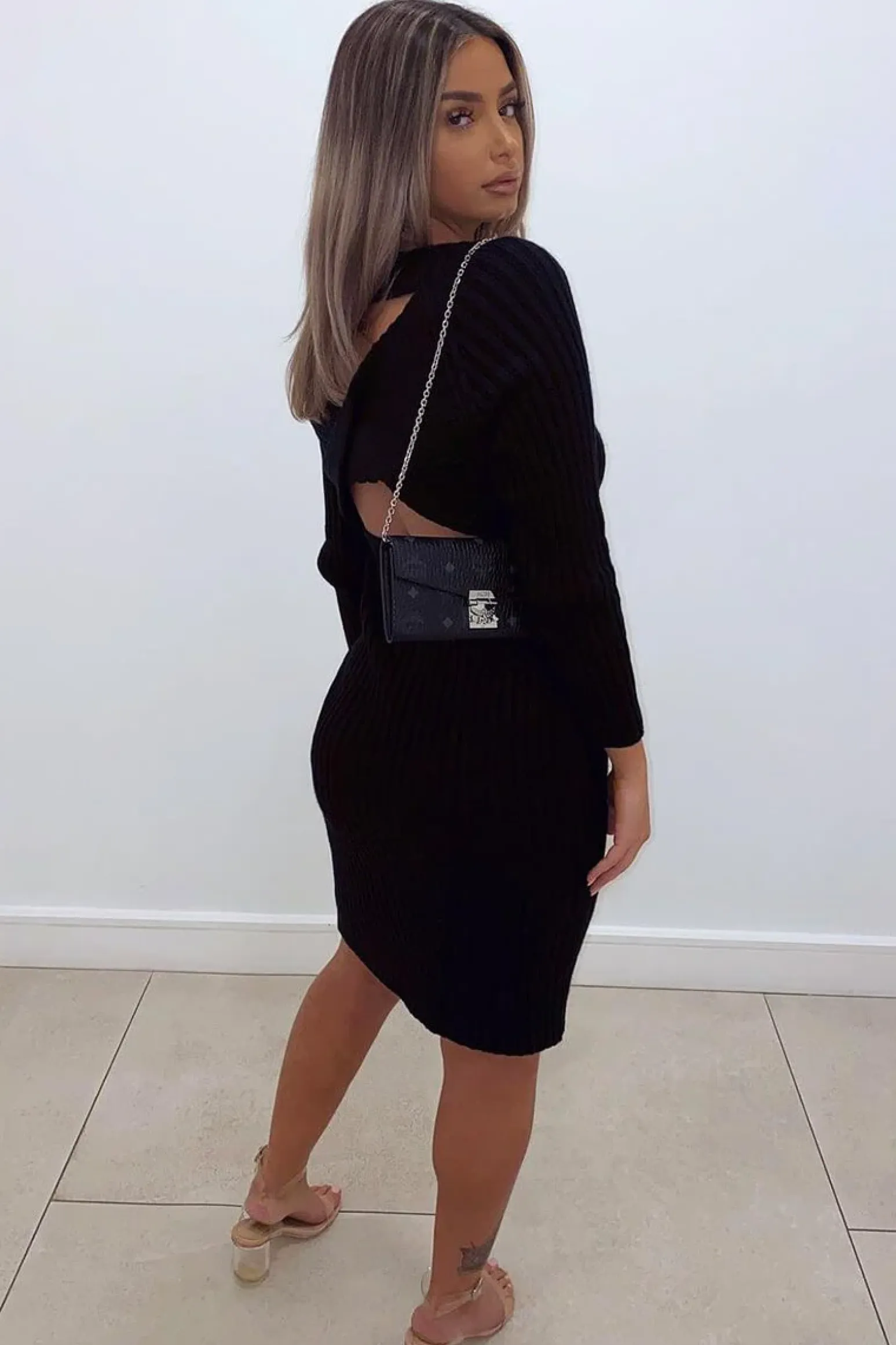 Rebellious Fashion Black Open Twist Back Midi Bodycon Jumper Dress - Karrah