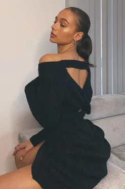 Rebellious Fashion Black Open Twist Back Midi Bodycon Jumper Dress - Karrah