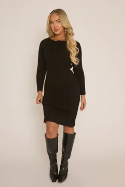 Rebellious Fashion Black Open Twist Back Midi Bodycon Jumper Dress - Karrah