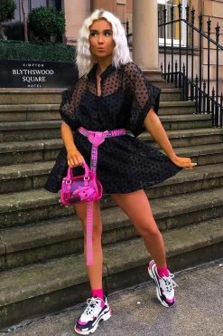 Rebellious Fashion Black Organza Polka Slip Insert Shirt Dress - Nathalia