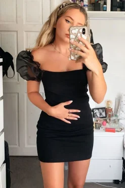 Rebellious Fashion Black Organza Puff Sleeve Mini Dress - Dalena