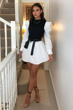 Rebellious Fashion Black Overlay Detail Puff Sleeve White Shirt Dress - Olah