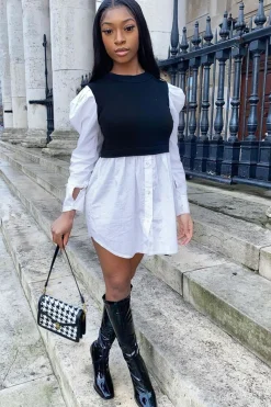 Rebellious Fashion Black Overlay Detail Puff Sleeve White Shirt Dress - Olah