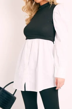 Rebellious Fashion Black Overlay Detail Puff Sleeve White Shirt Dress - Olah