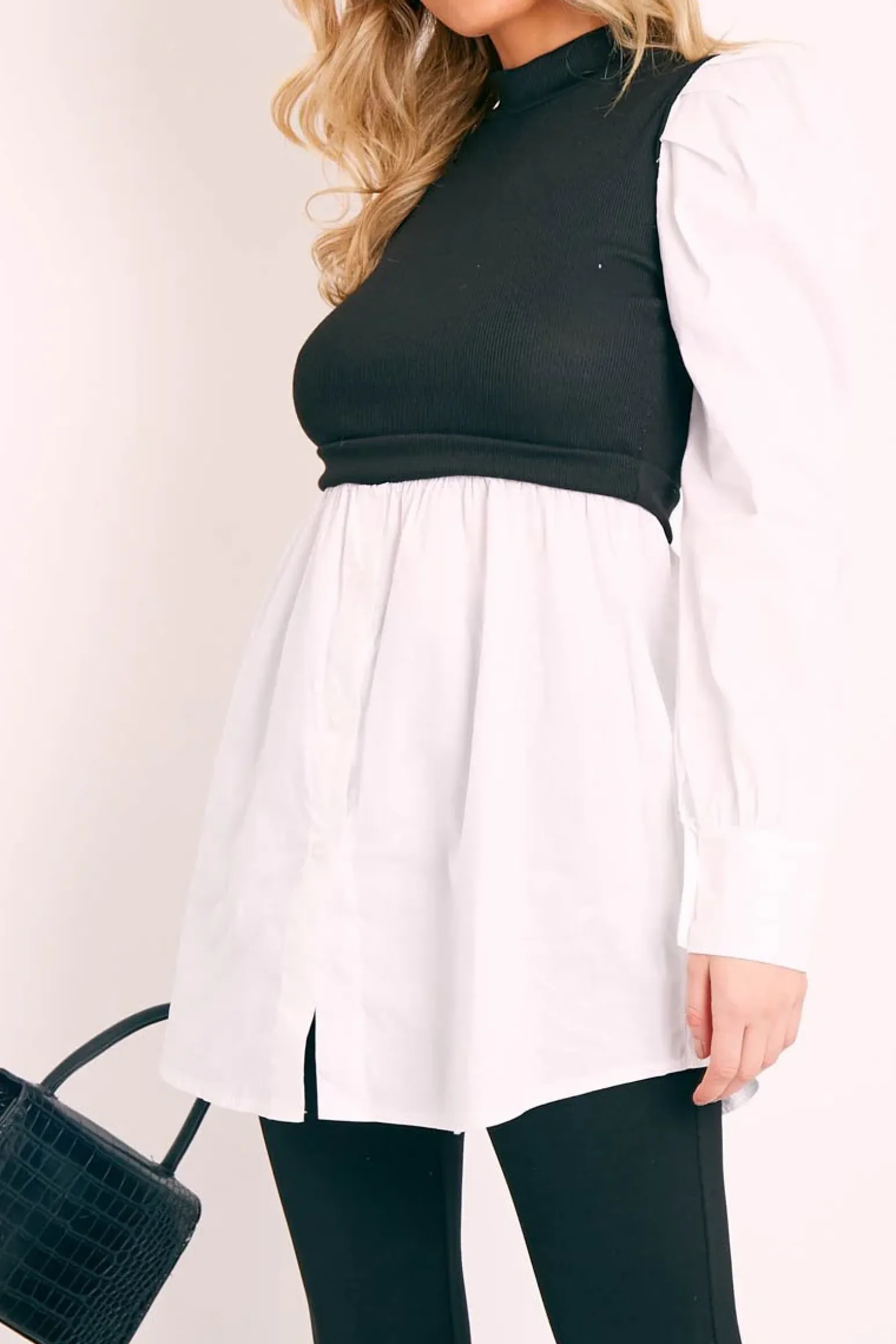 Rebellious Fashion Black Overlay Detail Puff Sleeve White Shirt Dress - Olah