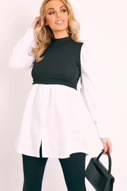 Rebellious Fashion Black Overlay Detail Puff Sleeve White Shirt Dress - Olah