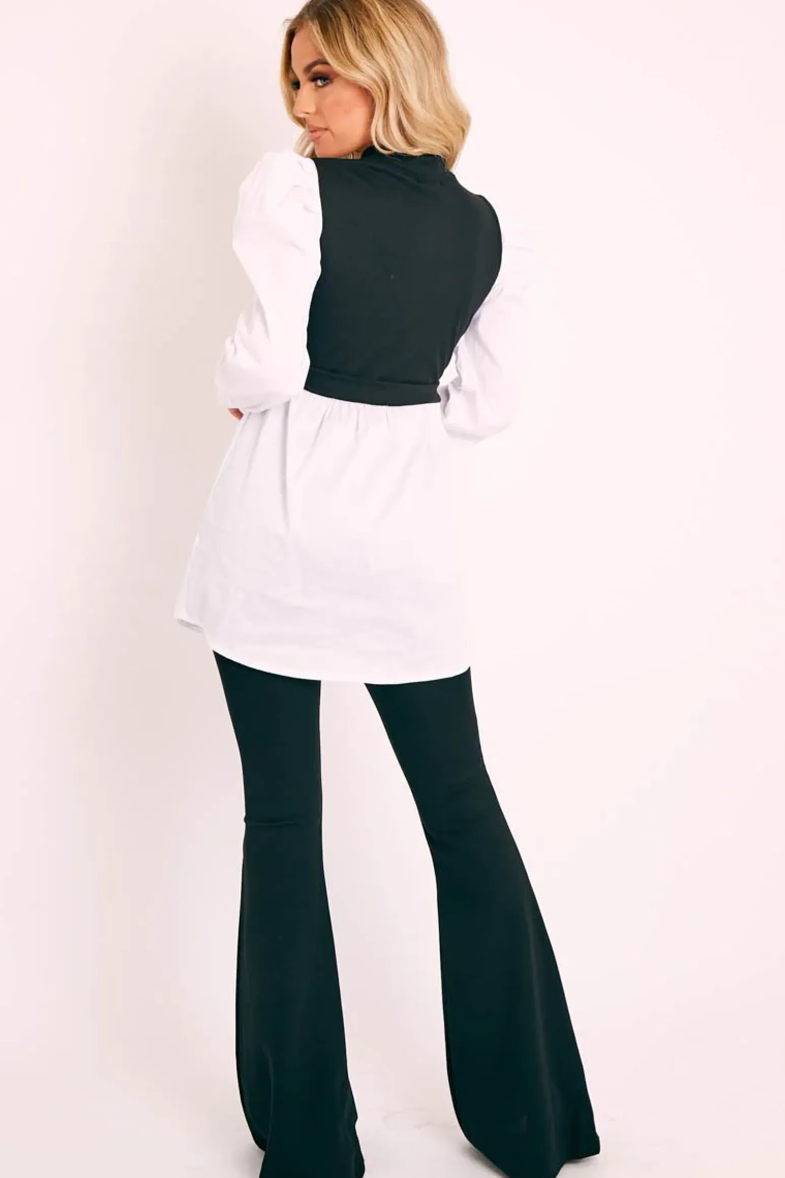 Rebellious Fashion Black Overlay Detail Puff Sleeve White Shirt Dress - Olah