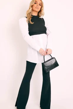 Rebellious Fashion Black Overlay Detail Puff Sleeve White Shirt Dress - Olah