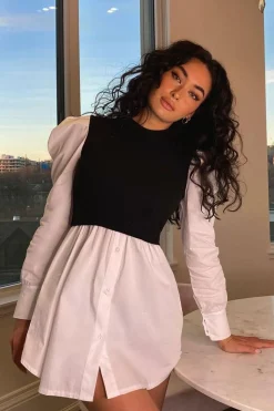 Rebellious Fashion Black Overlay Detail Puff Sleeve White Shirt Dress - Olah