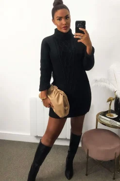 Rebellious Fashion Black Oversized Knitted Turtle Neck Jumper Dress - Freyah
